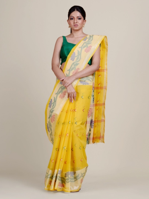 

Charukriti Yellow & Green Woven Design Pure Cotton Taant Saree