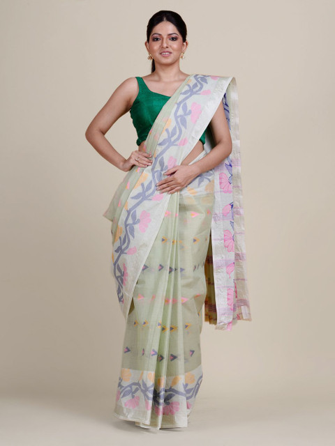 

Charukriti Green & Pink Floral Pure Cotton Taant Saree