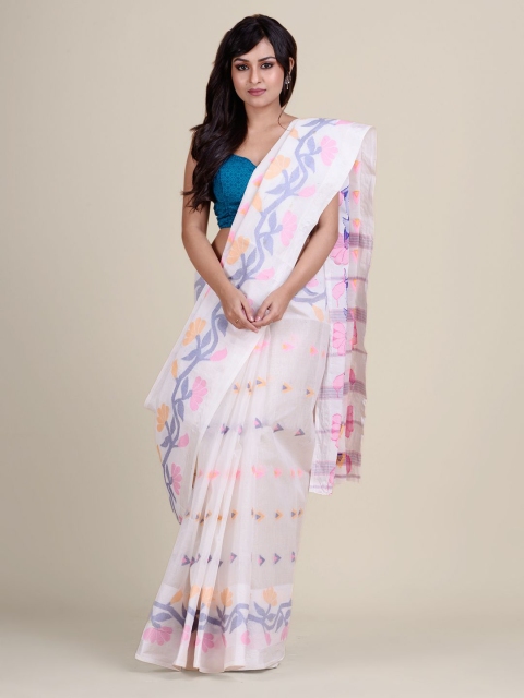 

Charukriti Off White & Blue Woven Design Pure Cotton Taant Saree