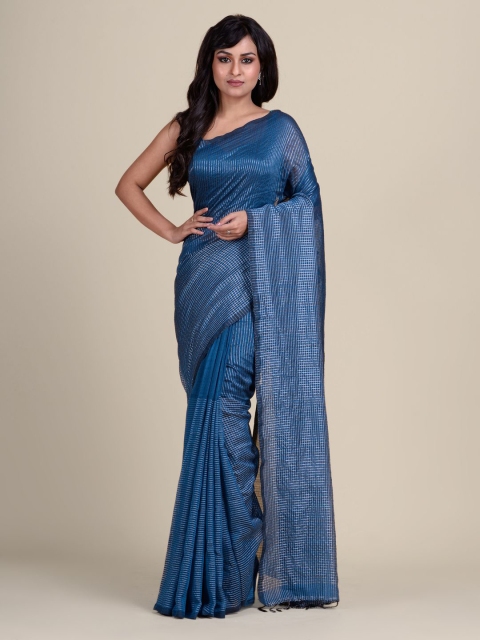 

Charukriti Blue & Silver-Toned Striped Zari Pure Cotton Saree