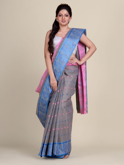 

Charukriti Grey & Pink Woven Design Zari Pure Cotton Taant Saree