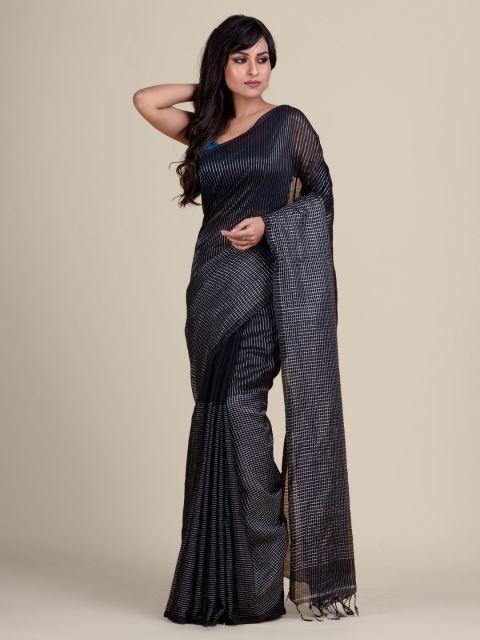 

Charukriti Black & Silver-Toned Woven Design Pure Cotton Khadi Saree