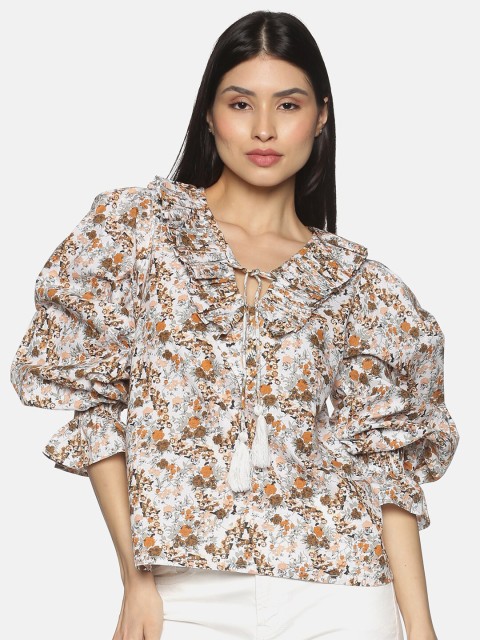 

ISU Brown Floral Print Tie-Up Neck Top