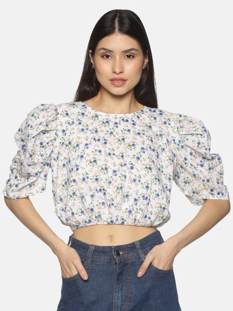 

ISU White Floral Print Blouson Crop Top