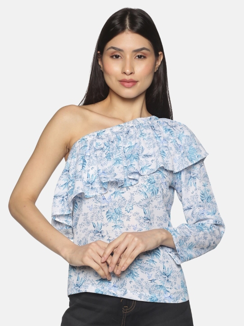 

ISU Blue & White Floral Print One Shoulder Top