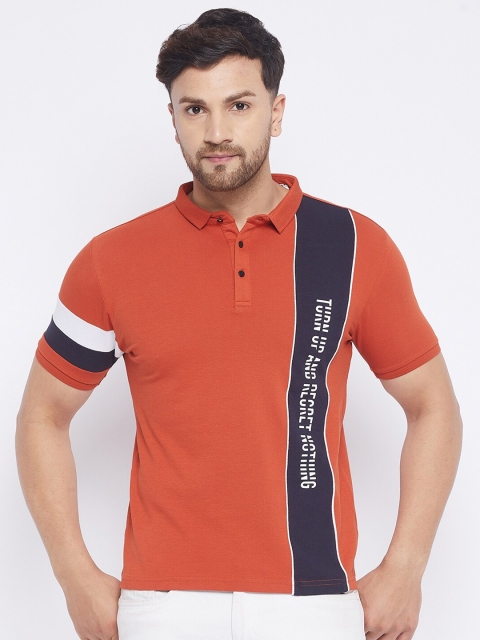 

QUBIC Men Rust Colour Blocked Vertical Typography Printed Polo Collar T-shirt