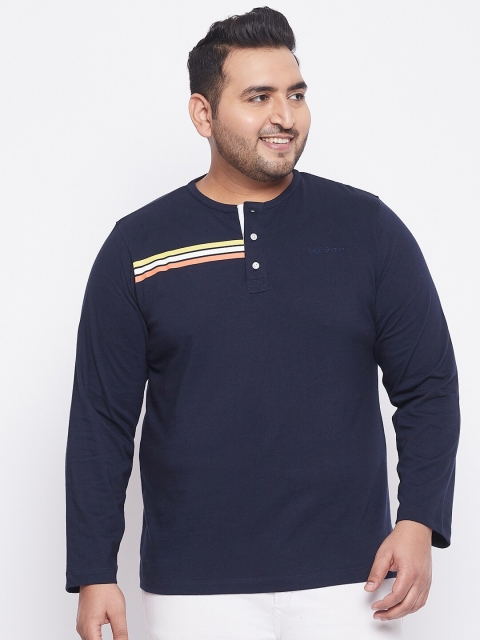 

bigbanana Plus Size Men Navy Blue Henley Neck Bio Finish Pockets T-shirt