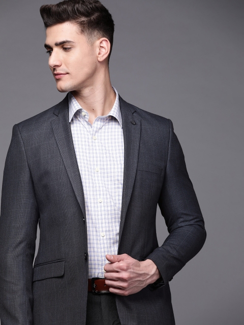 

Raymond Men Navy Blue Checked Slim Fit Single Breasted Formal Blazer