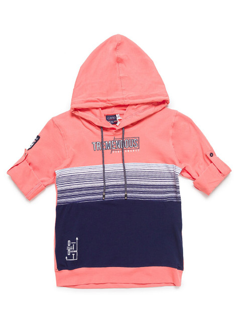 

CAVIO Boys Peach Printed Hooded T-shirt