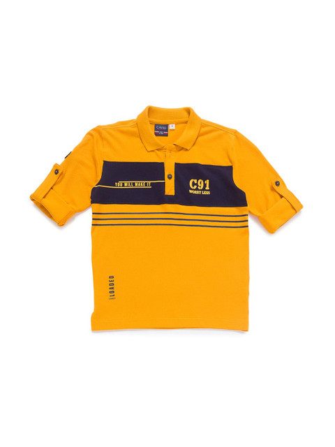 

CAVIO Boys Yellow & Navy Blue Printed Polo Collar Roll-Up Sleeves Cotton Blend T-shirt