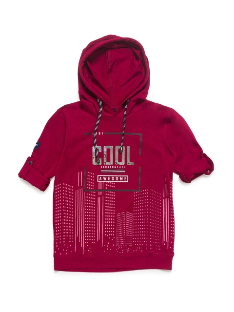 

CAVIO Boys Maroon & Grey Printed Hooded T-shirt