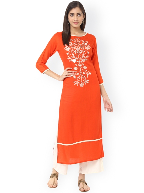 

Jaipur Kurti Orange & Off-White Embroidered Kurta with Palazzo Trousers
