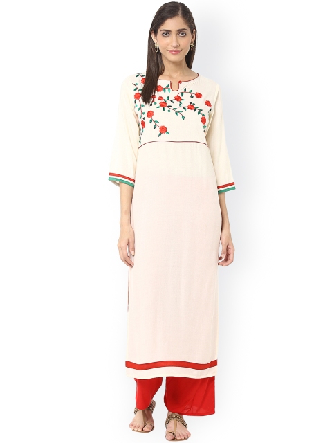 

Jaipur Kurti Off-White & Red Embroidered Kurta with Palazzo Trousers