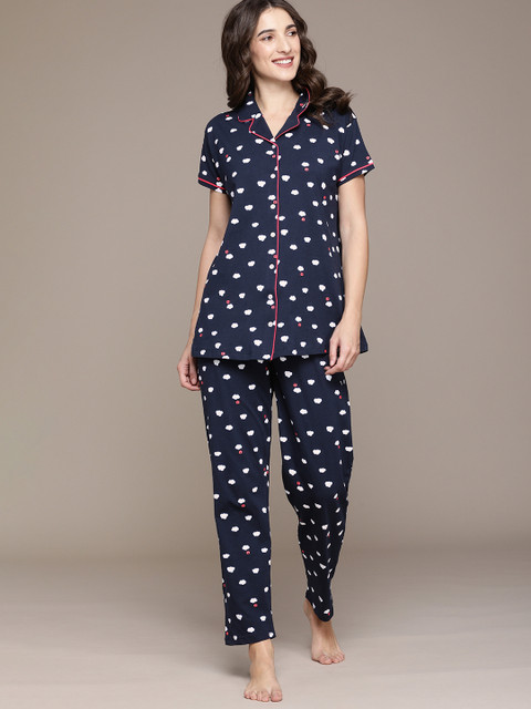 

beebelle Women Navy Blue Printed Night suit