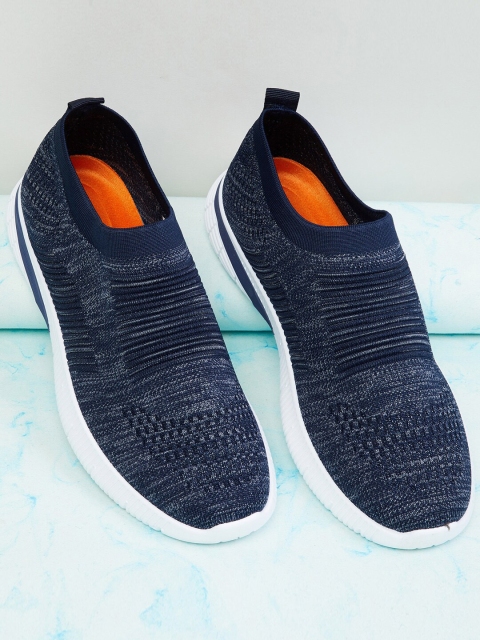 

max Men Navy Blue Woven Design PU Slip-On Sneakers