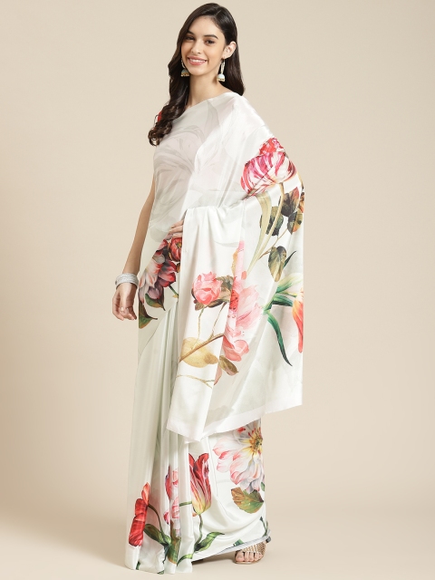 

Havida Sarees White Floral Silk Blend Ready to Wear Block Print Saree