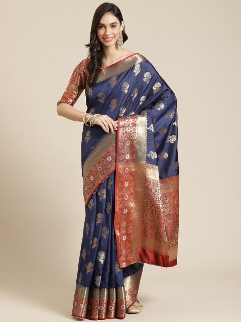 

Havida Sarees Navy Blue & Gold-Toned Ethnic Motifs Silk Blend Banarasi Saree