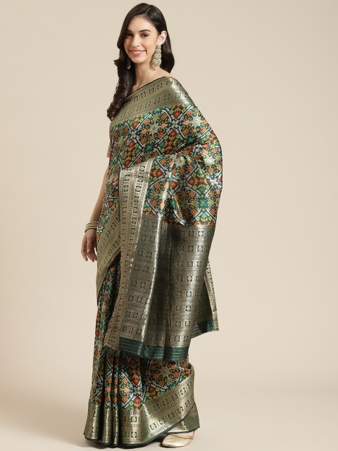 

Havida Sarees Green Ethnic Motifs Kantha Work Silk Cotton Ikat Saree