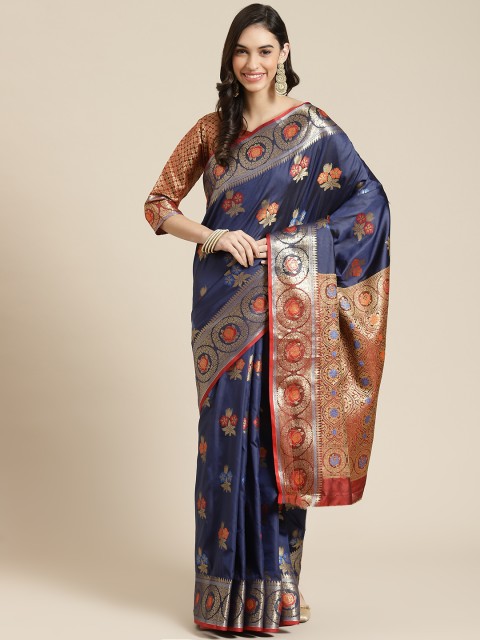 

Havida Sarees Navy Blue Ethnic Motifs Silk Blend Banarasi Saree