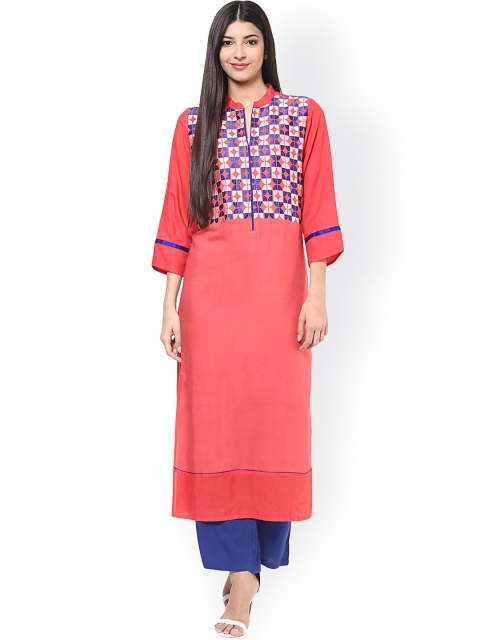 

Jaipur Kurti Women Peach-Coloured Embroidered Straight Kurta
