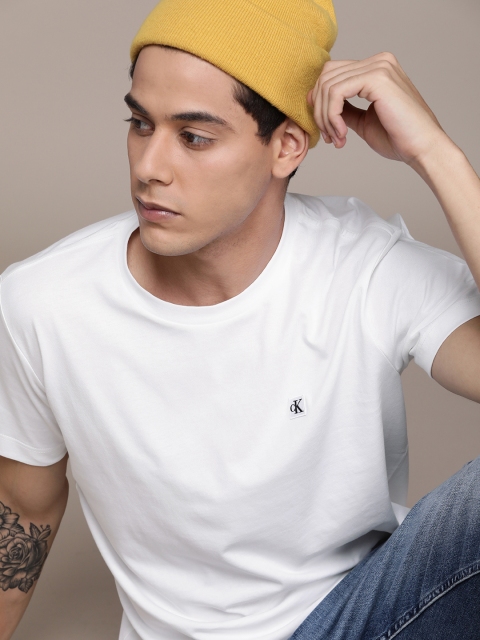 

Calvin Klein Jeans Men White Brand Logo Printed Pure Cotton Casual T-shirt