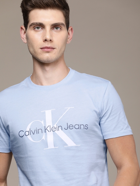 

Calvin Klein Jeans Men Blue Brand Logo Printed Slim Fit Pure Cotton T-shirt