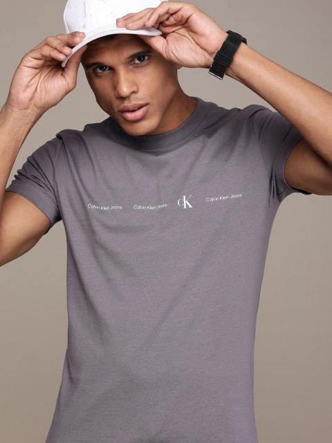 

Calvin Klein Jeans Men Grey Brand Logo Printed Pure Cotton Slim Fit T-shirt