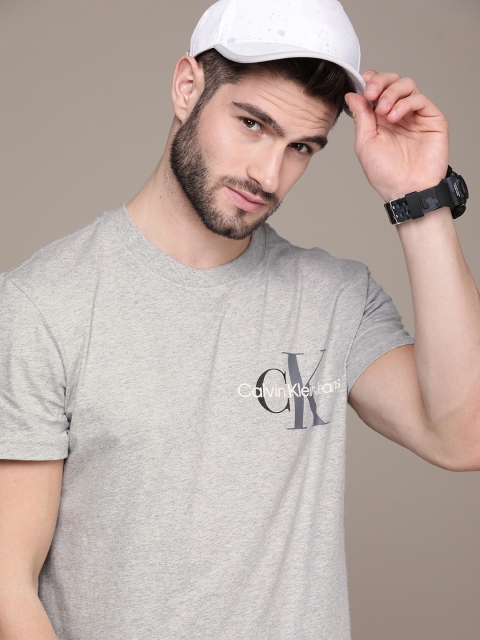 

Calvin Klein Jeans Men Grey Brand Logo Printed Applique Pure Cotton T-shirt