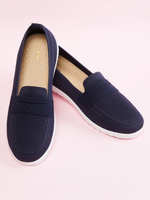 

max Women Navy Blue Woven Design PU Slip-On Sneakers