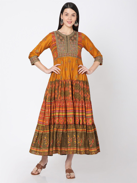 

Ojas Designs Mustard Yellow & Green Ethnic Motifs Ethnic Midi Dress