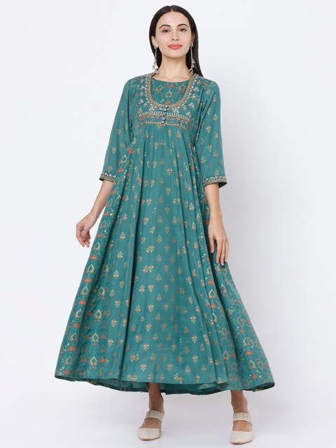 

Ojas Designs Green & Gold Ethnic Motifs Printed Maxi Dress