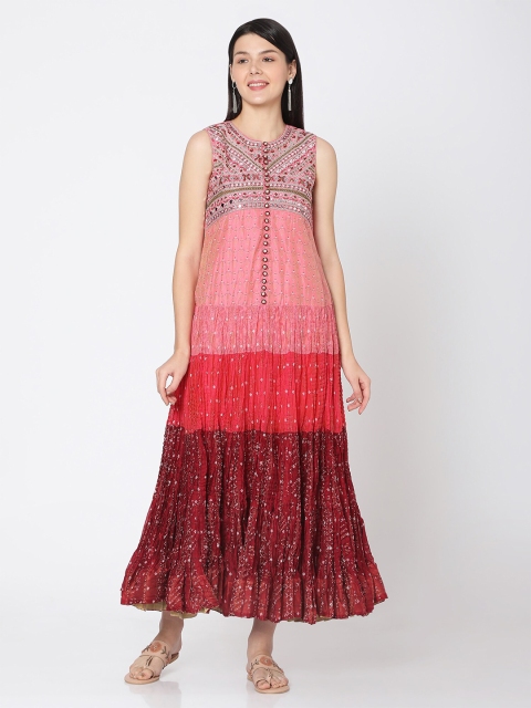 

Ojas Designs Pink & Maroon Ethnic Motifs Maxi Dress