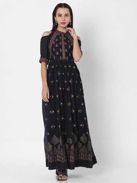 

Ojas Designs Navy Blue Floral Embroidered Ethnic Maxi Dress