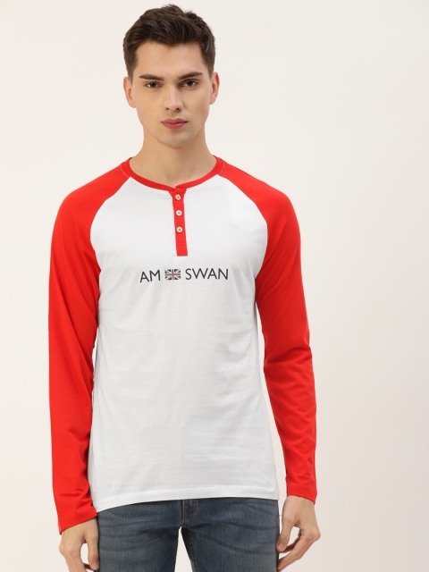 

AM SWAN Men White & Red Henley Neck T-shirt
