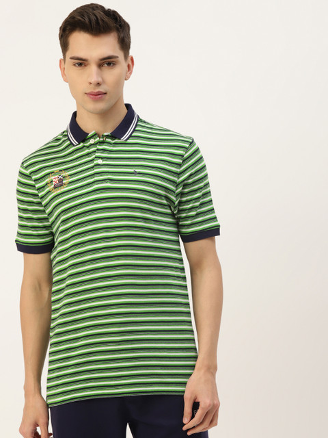 

AM SWAN Men Green & Black Striped Polo Collar T-shirt