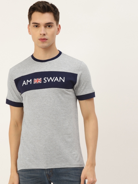 

AM SWAN Men Grey & Navy Blue Colourblocked T-shirt