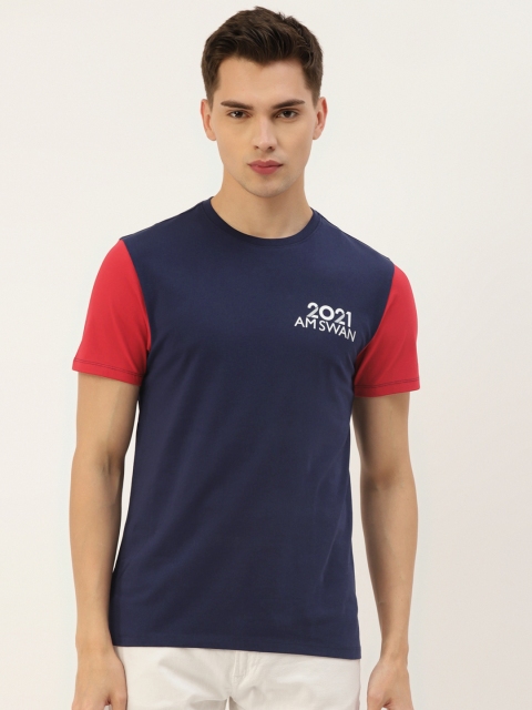 

AM SWAN Men Navy Blue & Red Colourblocked Casual T-shirt
