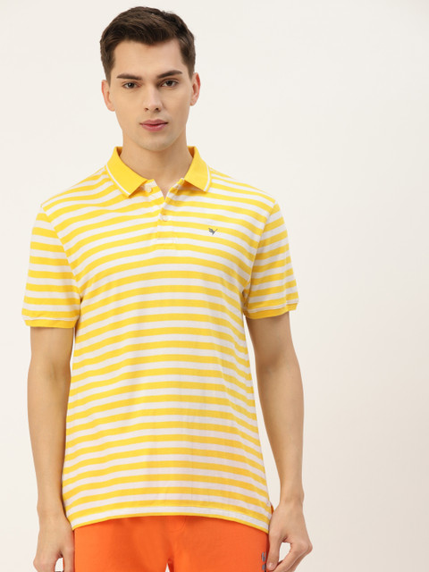 

AM SWAN Men Yellow & White Striped Polo Collar T-shirt