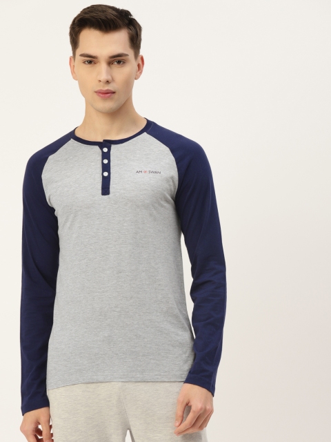 

AM SWAN Men Grey & Navy Blue Henley Neck Casual T-shirt