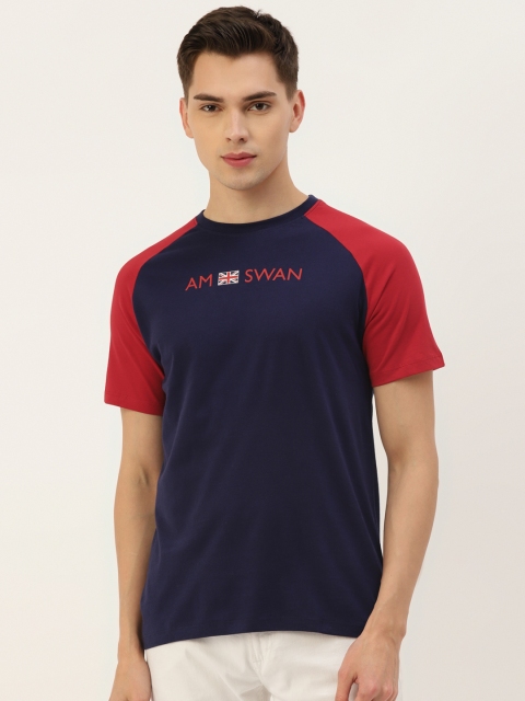 

AM SWAN Men White & Navy Blue Colourblocked T-shirt