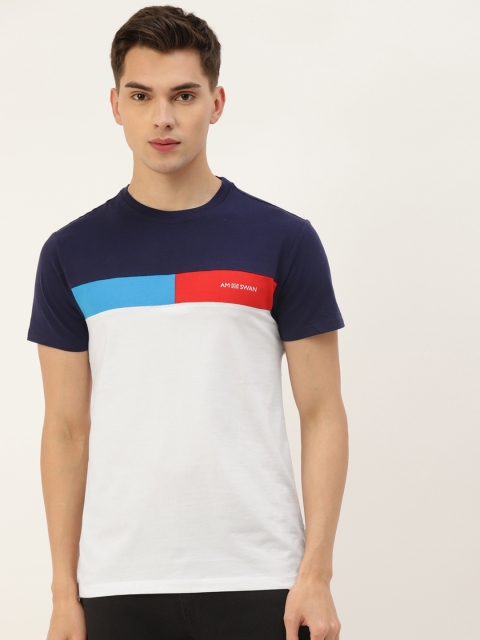 

AM SWAN Men White & Navy Blue Colourblocked T-shirt
