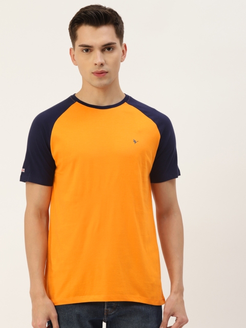 

AM SWAN Men Yellow & Navy Blue Colourblocked T-shirt
