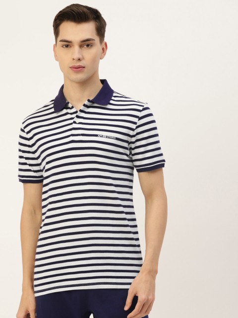 

AM SWAN Men White & Navy Blue Striped Polo Collar T-shirt