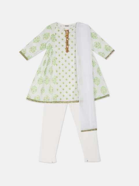 

Karigari Girls Green & White Printed Kurta With Churidar & Dupatta Set