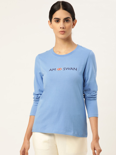 

AM SWAN Women Blue & Black Brand Logo Printed Pure Cotton T-shirt