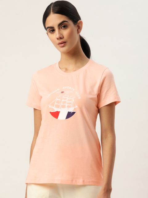 

AM SWAN Women Pink & White Pure Cotton Nautical Printed T-shirt