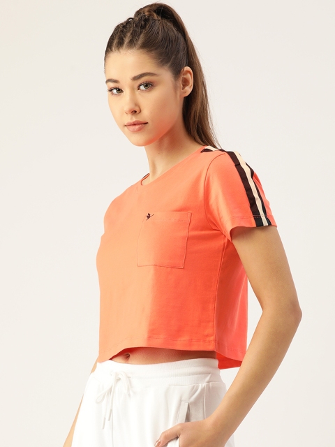 

AM SWAN Women Coral Orange Pockets Crop T-shirt