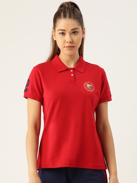 

AM SWAN Women Red Solid Pure Cotton Polo Collar T-shirt