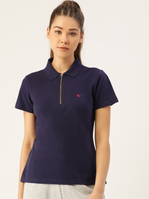 

AM SWAN Women Navy Blue Solid Polo Collar Pure Cotton T-shirt