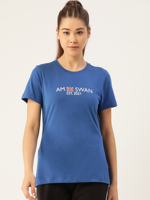 

AM SWAN Women Blue & White Pure Cotton Brand Logo Printed T-shirt